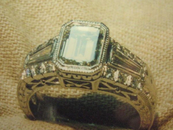 Carved Platinum and Diamond Ring